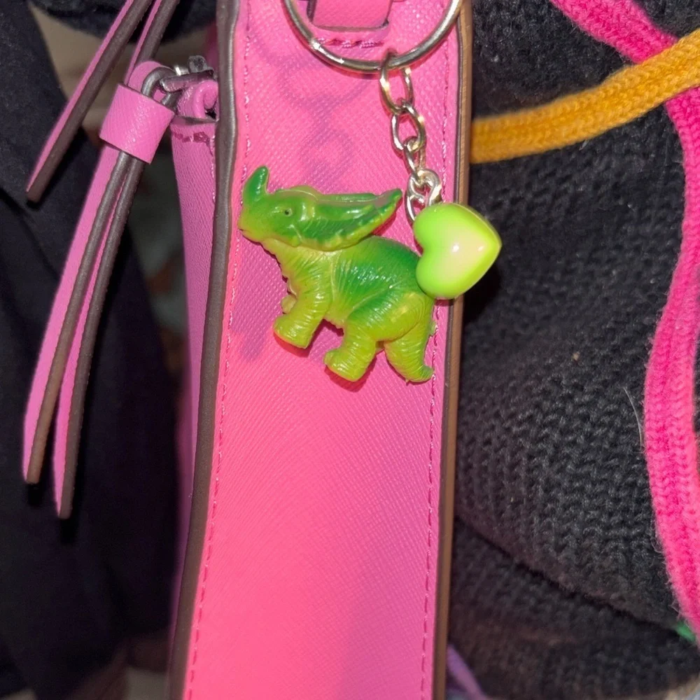 Green Dinosaur Keychain Purse Charm with Heart Accent